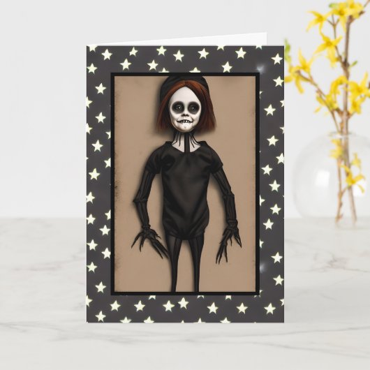 Spooky Child Doll Creature Halloween Kaart (Gele Bloem)