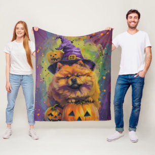 Spooky Chow Chow Dog Halloween Heks en Pompoen Fleece Deken