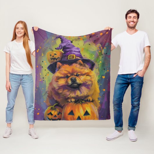 Spooky Chow Chow Dog Halloween Heks en Pompoen Fleece Deken (In situ)