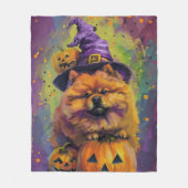 Spooky Chow Chow Dog Halloween Heks en Pompoen Fleece Deken (Voorkant)