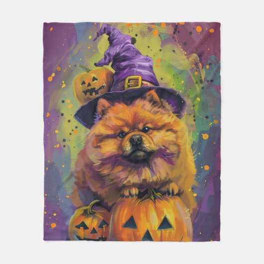 Spooky Chow Chow Dog Halloween Heks en Pompoen Fleece Deken (Voorkant)