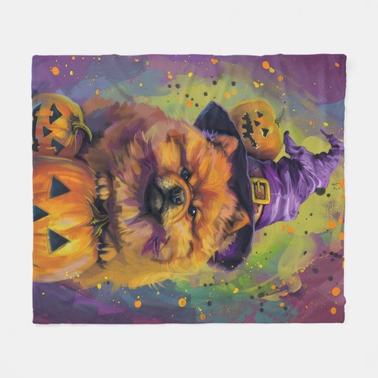 Spooky Chow Chow Dog Halloween Heks en Pompoen Fleece Deken (Voorkant (Horizontaal))