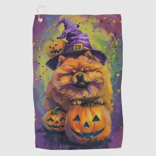 Spooky Chow Chow Dog Halloween Heks en Pompoen Golfhanddoek (Voorkant)