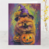 Spooky Chow Chow Dog Halloween Heks en Pompoen Kaart (Gele Bloem)