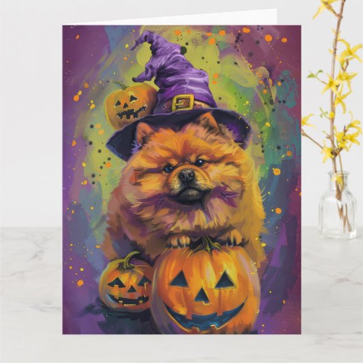Spooky Chow Chow Dog Halloween Heks en Pompoen Kaart (Gele Bloem)