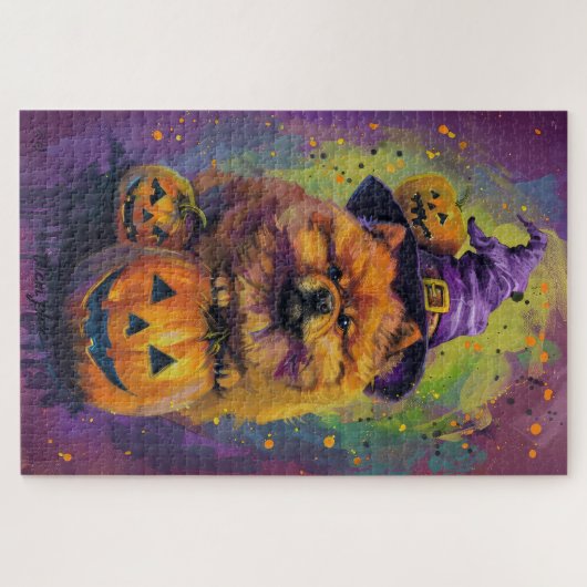 Spooky Chow Chow Dog Halloween Heks en Pompoen Legpuzzel (Horizontaal)