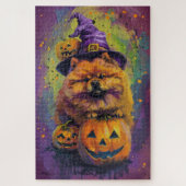 Spooky Chow Chow Dog Halloween Heks en Pompoen Legpuzzel (Verticaal)