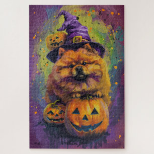 Spooky Chow Chow Dog Halloween Heks en Pompoen Legpuzzel