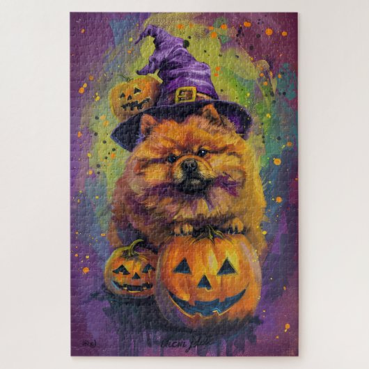 Spooky Chow Chow Dog Halloween Heks en Pompoen Legpuzzel (Verticaal)
