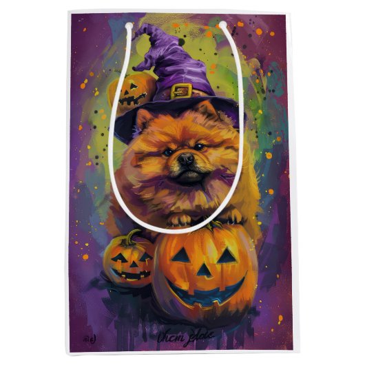 Spooky Chow Chow Dog Halloween Heks en Pompoen Medium Cadeauzakje (Voorkant)