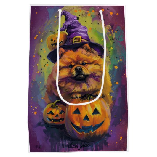 Spooky Chow Chow Dog Halloween Heks en Pompoen Medium Cadeauzakje (Achterkant)