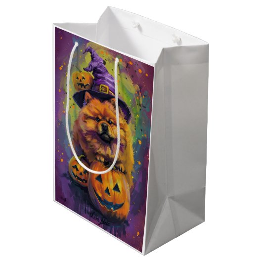 Spooky Chow Chow Dog Halloween Heks en Pompoen Medium Cadeauzakje (Achterkant Gekanteld)