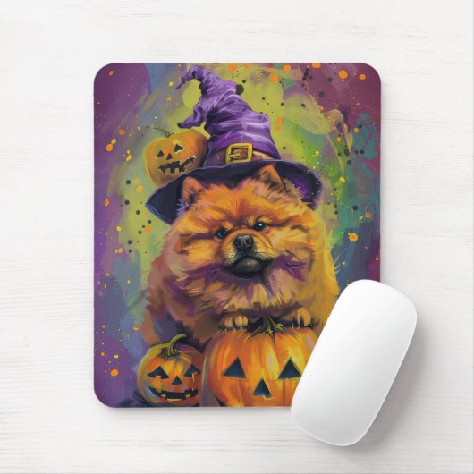 Spooky Chow Chow Dog Halloween Heks en Pompoen Muismat (Met muis)