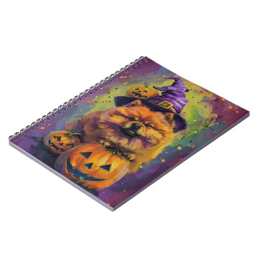 Spooky Chow Chow Dog Halloween Heks en Pompoen Notitieboek (Linkerzijde)