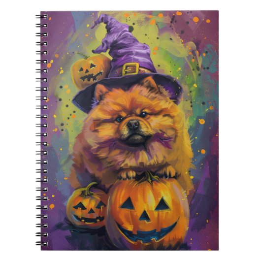 Spooky Chow Chow Dog Halloween Heks en Pompoen Notitieboek (Voorkant)