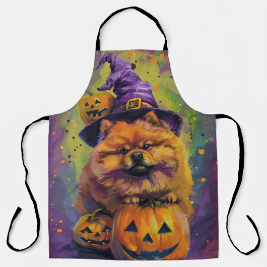 Spooky Chow Chow Dog Halloween Heks en Pompoen Schort (Voorkant)