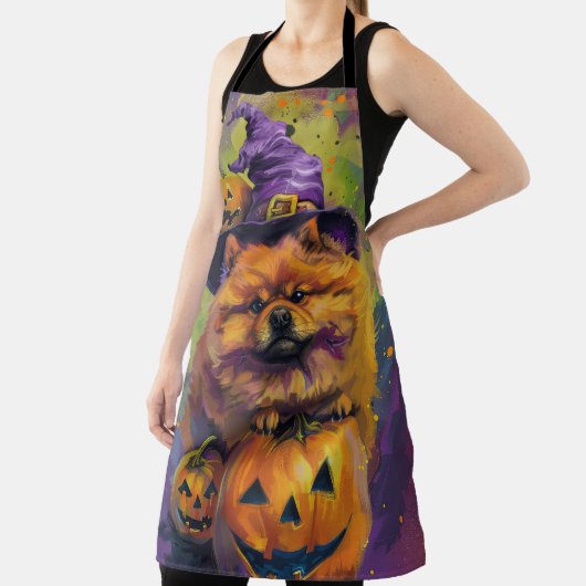 Spooky Chow Chow Dog Halloween Heks en Pompoen Schort (Insitu)