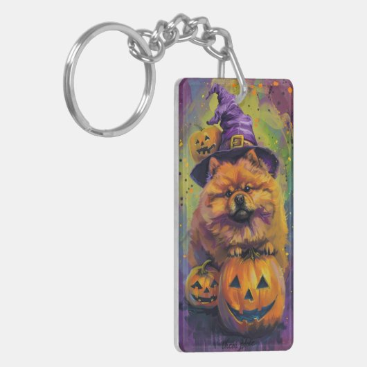 Spooky Chow Chow Dog Halloween Heks en Pompoen Sleutelhanger (Voorkant Links)
