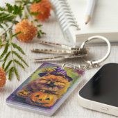 Spooky Chow Chow Dog Halloween Heks en Pompoen Sleutelhanger (Voorkant Rechts)