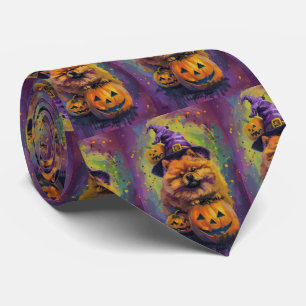 Spooky Chow Chow Dog Halloween Heks en Pompoen Stropdas