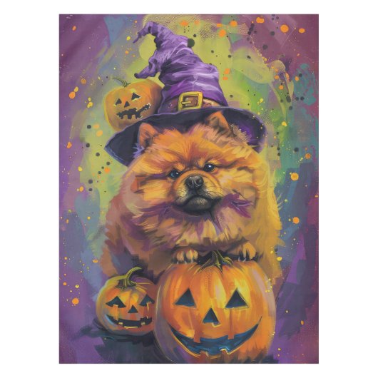 Spooky Chow Chow Dog Halloween Heks en Pompoen Tafelkleed (Voorkant)
