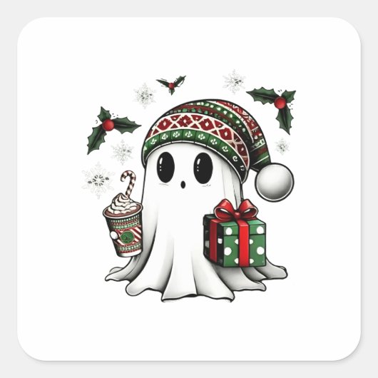 Spooky Christmas Halloween Ghost Santa Hat Vierkante Sticker (Voorkant)