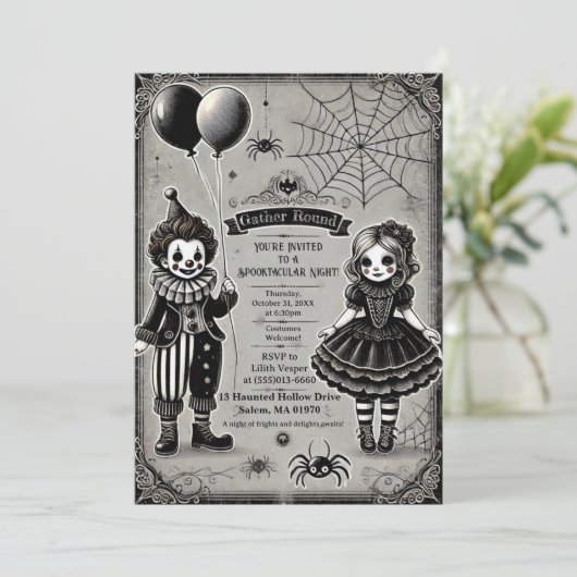 Spooky Clown & Doll Halloween Kaart (Staand voorkant)