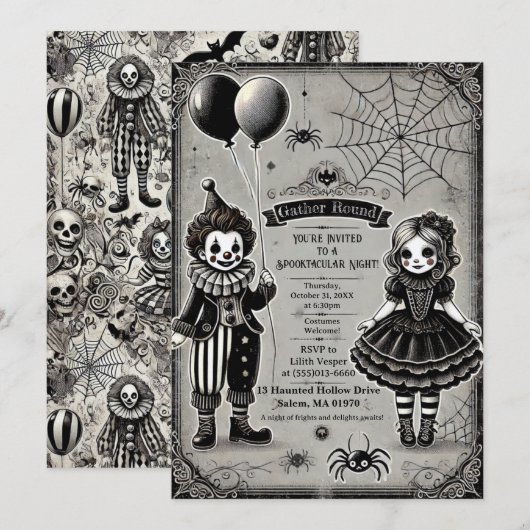 Spooky Clown & Doll Halloween Kaart (Voorkant / Achterkant)