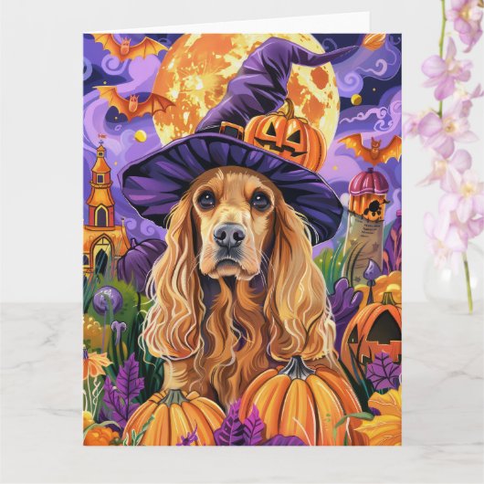 Spooky Cocker Spaniel Hond Halloween Heksenpompoen Kaart (Orchidee)