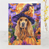 Spooky Cocker Spaniel Hond Halloween Heksenpompoen Kaart (Gele Bloem)