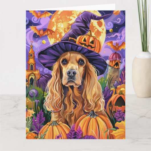 Spooky Cocker Spaniel Hond Halloween Heksenpompoen Kaart (Voorkant)
