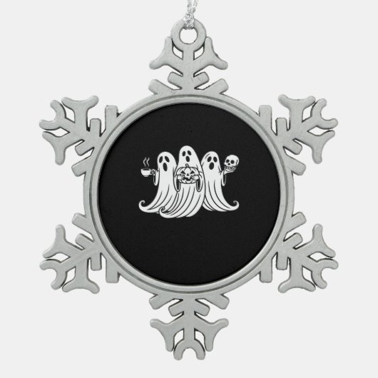 Spooky Coffee Sipping Pumpkin Holding Tin Sneeuwvlok Ornament (Voorkant)