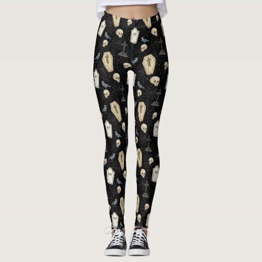 Spooky Coffin en Raven Halloween Leggings (Voorkant)