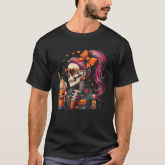 Spooky Cool Skeleton Rider Pumpkin Spice Coquette  T-shirt