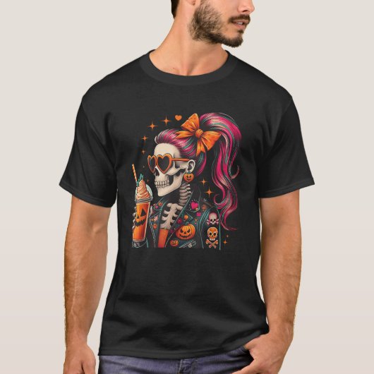 Spooky Cool Skeleton Rider Pumpkin Spice Coquette  T-shirt (Voorkant)