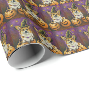 Spooky Corgi Dog Halloween Witch Pumpkin Cadeaupapier