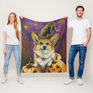 Spooky Corgi Dog Halloween Witch Pumpkin Fleece Deken