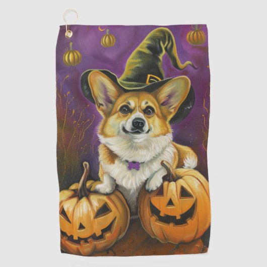 Spooky Corgi Dog Halloween Witch Pumpkin Golfhanddoek (Voorkant)