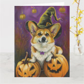 Spooky Corgi Dog Halloween Witch Pumpkin Kaart (Gele Bloem)