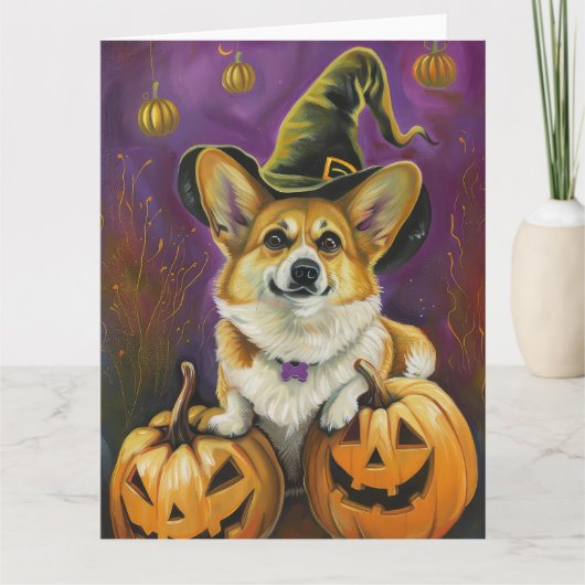 Spooky Corgi Dog Halloween Witch Pumpkin Kaart (Voorkant)