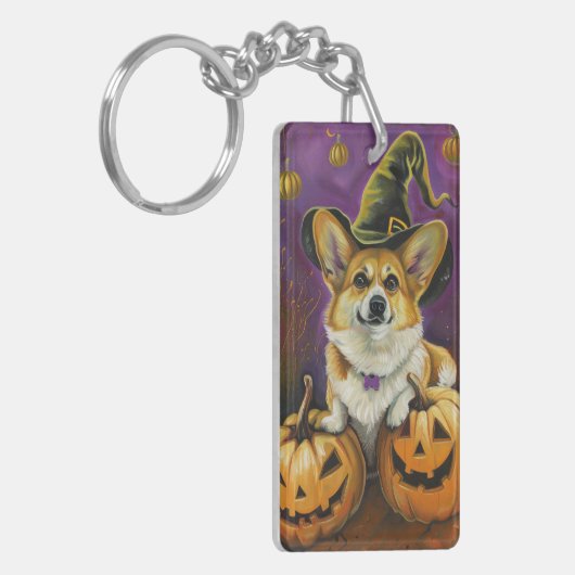 Spooky Corgi Dog Halloween Witch Pumpkin Sleutelhanger (Voorkant Links)