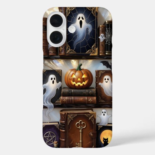 Spooky Cozy iPhone Case Ghost Pumpkin Bookshelf (Achterkant)