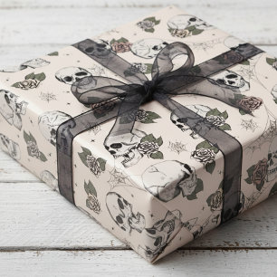 Spooky Cream Floral Kleine Schedel Halloween Cadeaupapier