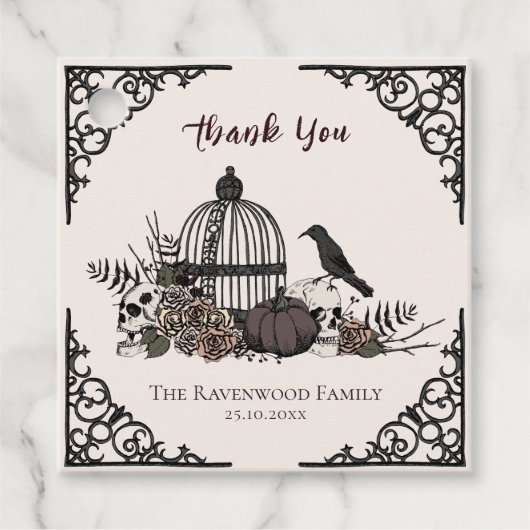 Spooky Cream Gothic Skull en Rozen Bedankt Bedankjes Labels (Voorkant)
