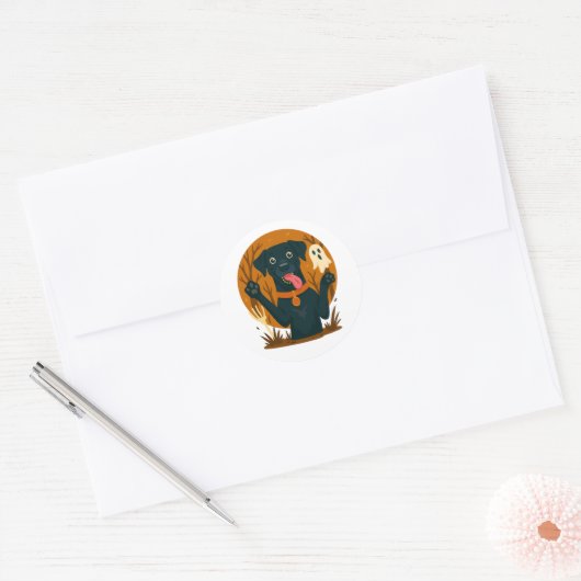 Spooky Cute Black Dog with Ghost  Ronde Sticker (Envelop)