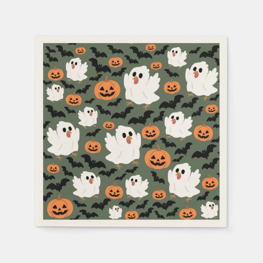 Spooky Cute Ghost Chickens with Pumpkins and Bats Servet (Voorkant)