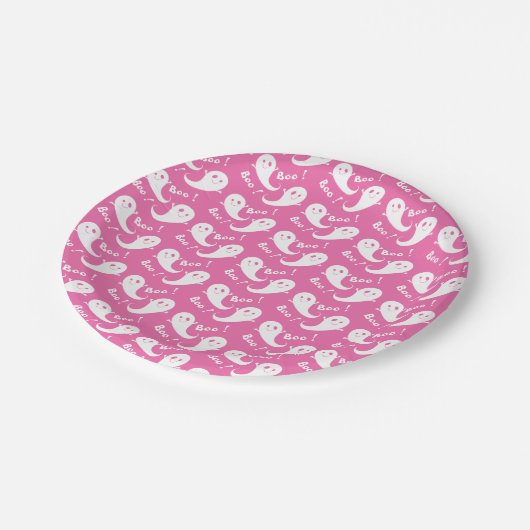Spooky Cute Ghost Pattern Pink Paper Plate Papieren Bordje (Gekanteld)