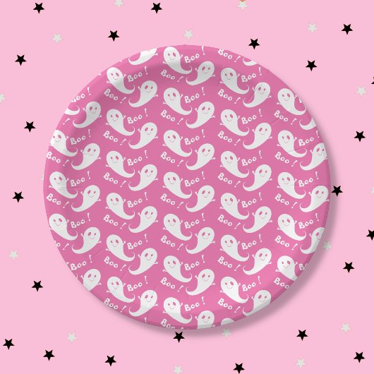 Spooky Cute Ghost Pattern Pink Paper Plate Papieren Bordje