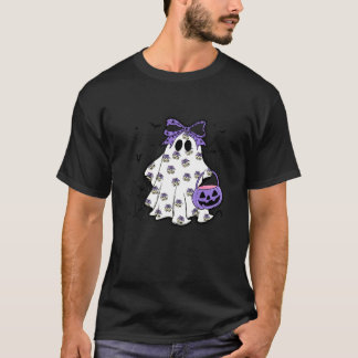 Spooky Cute Ghost with Purple Bow Halloween T-shirt