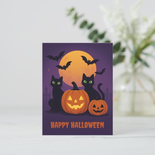 Spooky Cute Halloween Postcard – Black Cats & Pump Briefkaart (Staand voorkant)